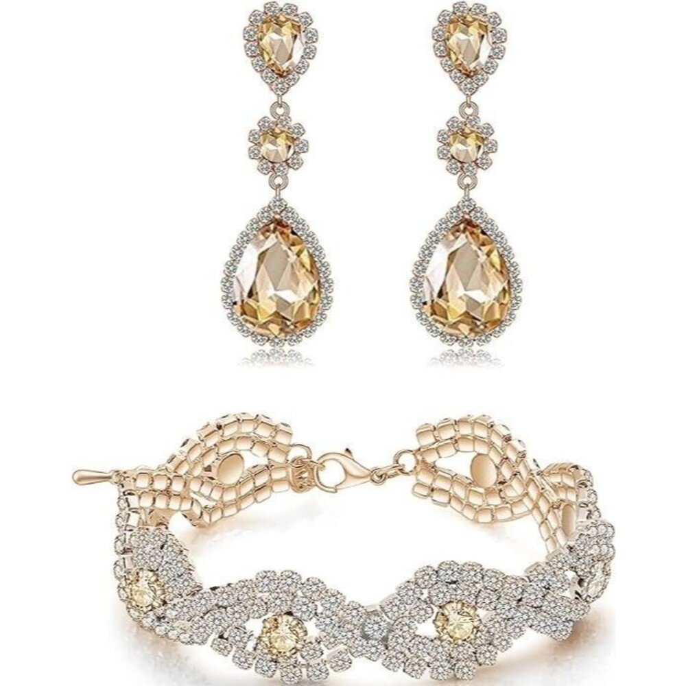 Bridal Wedding Rhinestone Earrings Bracelet Set - Gold Plated Champagne Crystal
